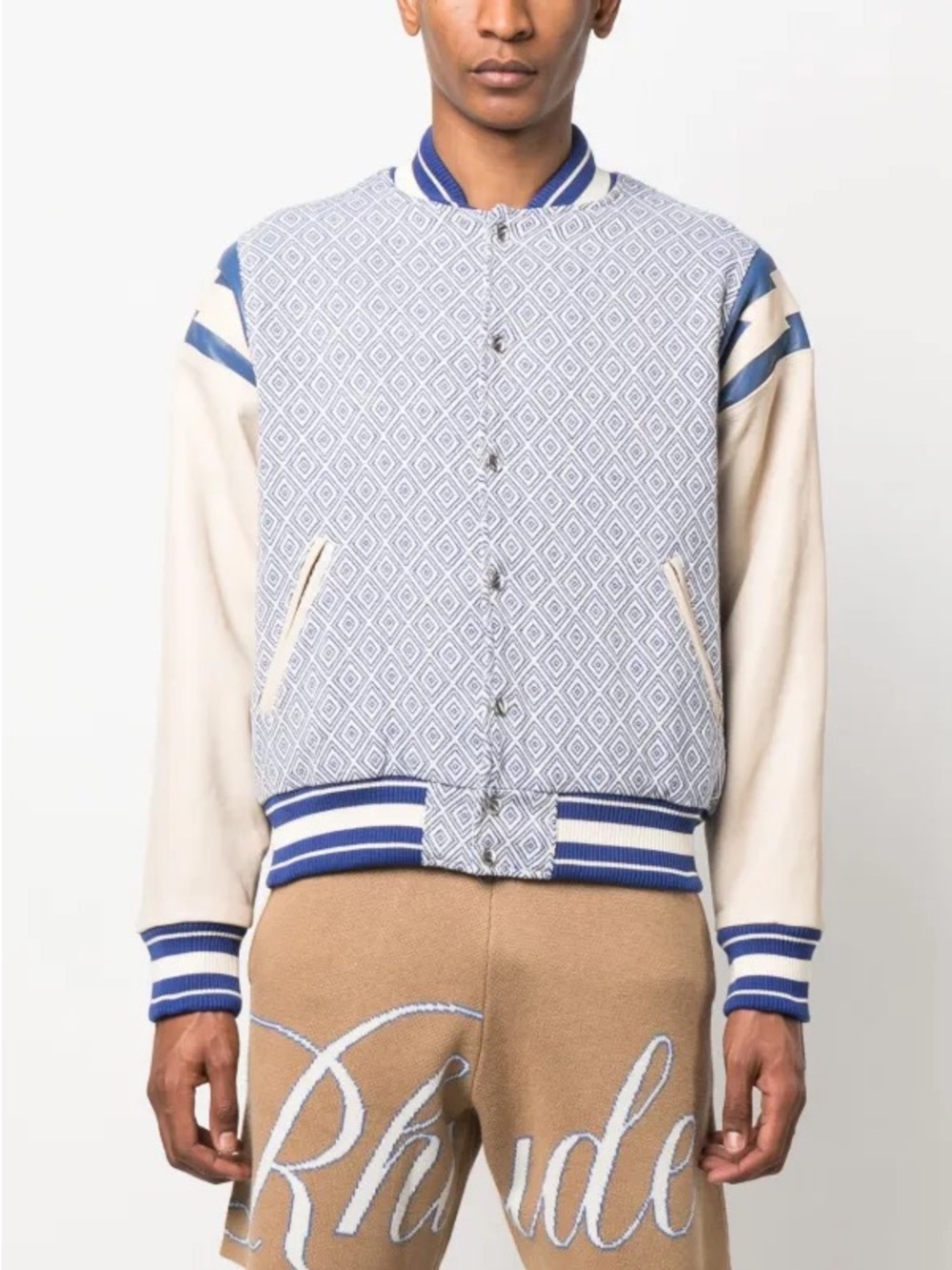 Men’s Rhude Diamond Jacquard Baseball Jacket Blue/Ivory Size Medium Like New